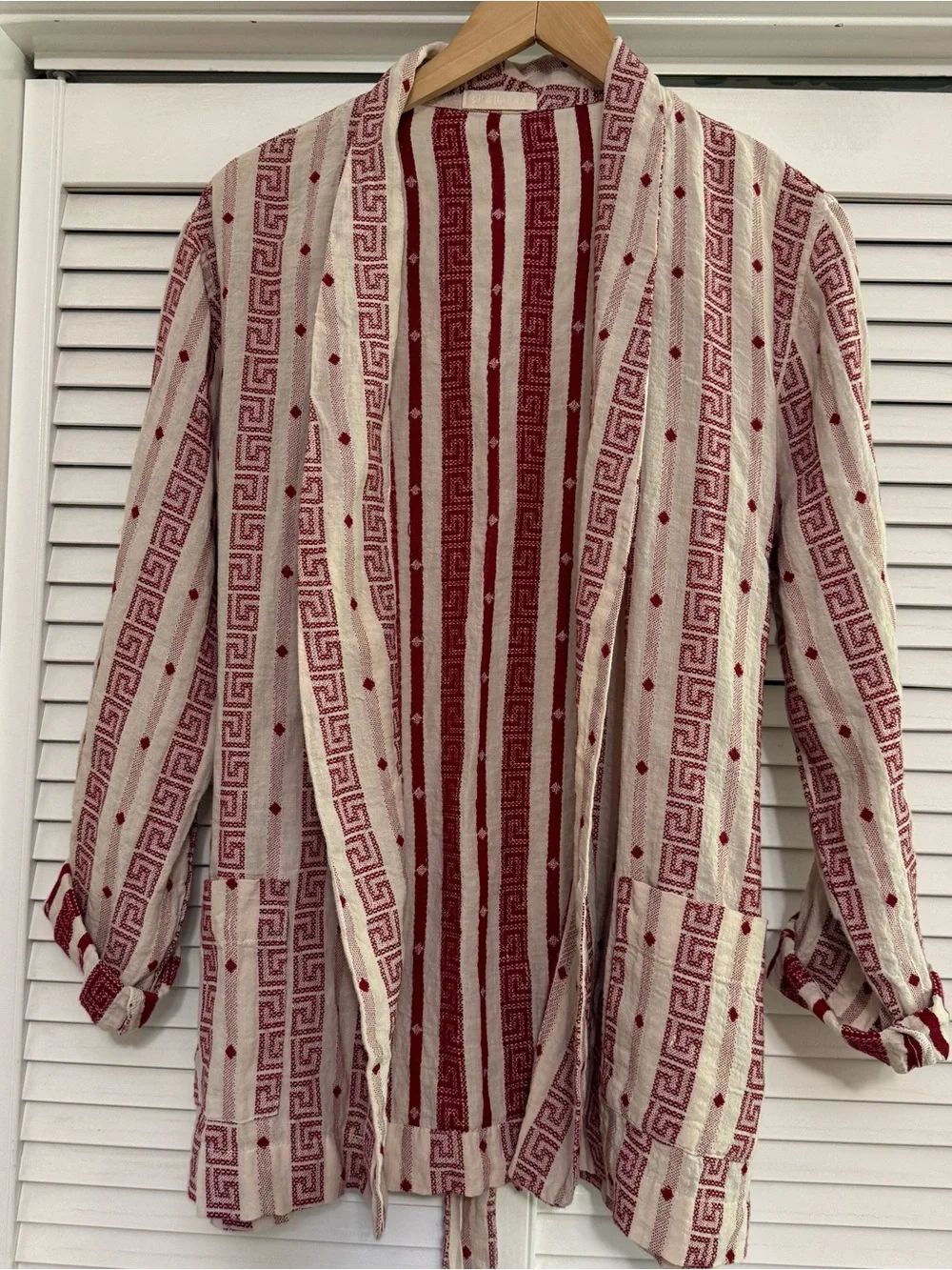 CP Shades Red and Cream Open-Front Kimono Jacket w/Belt
